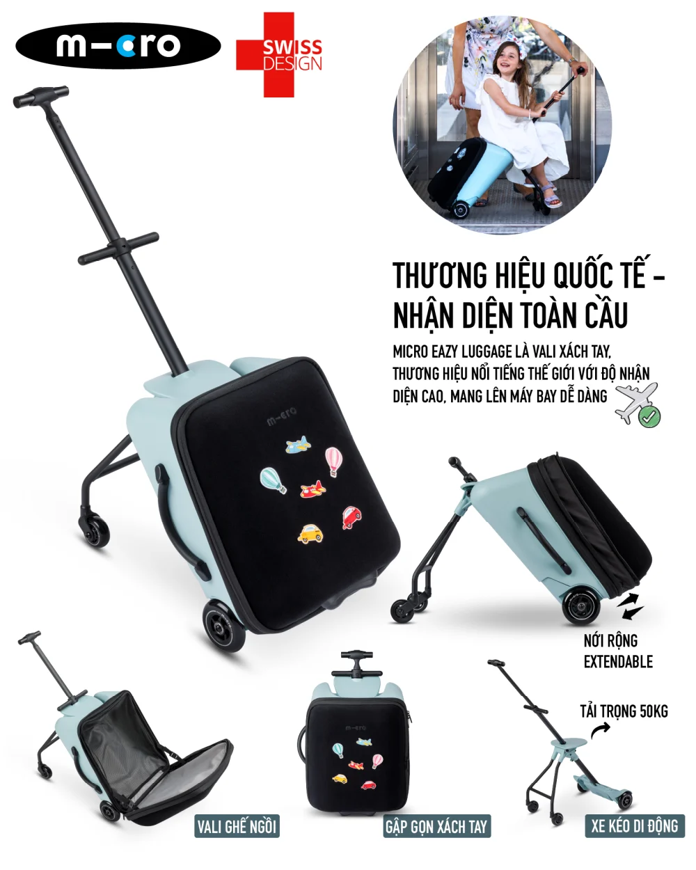 VALI KÉO TRẺ EM CÓ GHẾ MICRO EAZY LUGGAGE